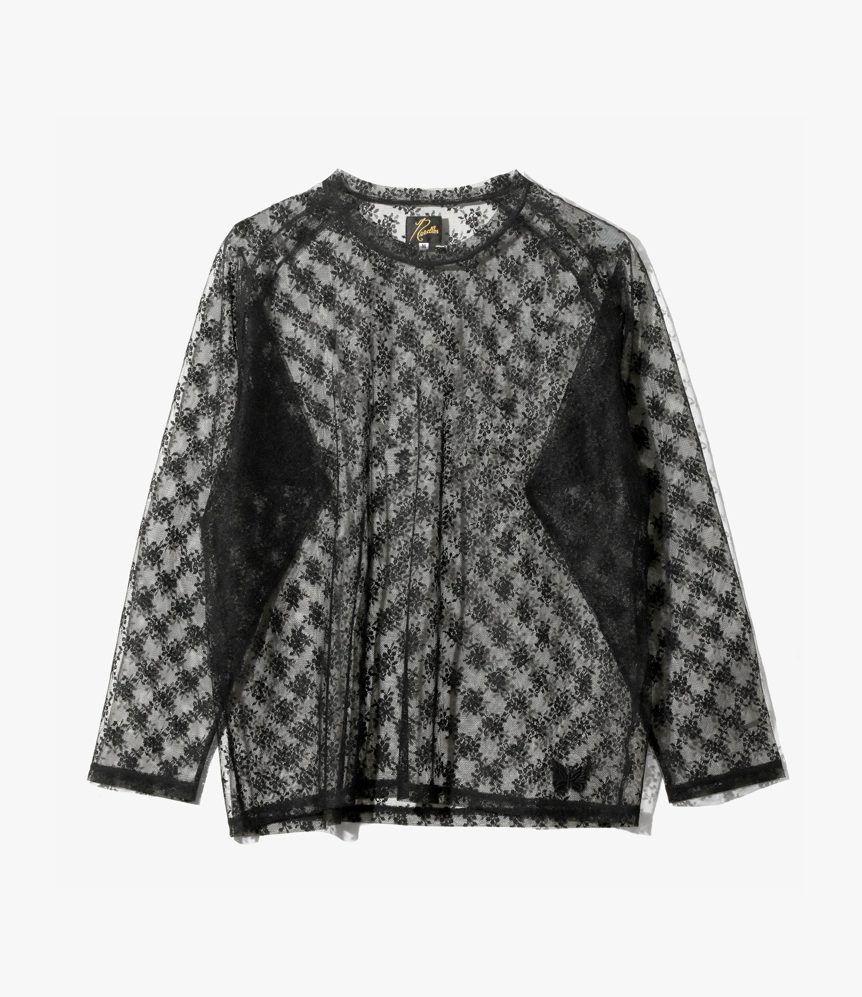 U-Neck Long Sleeve T-Shirt – Black Floral Raschel Lace