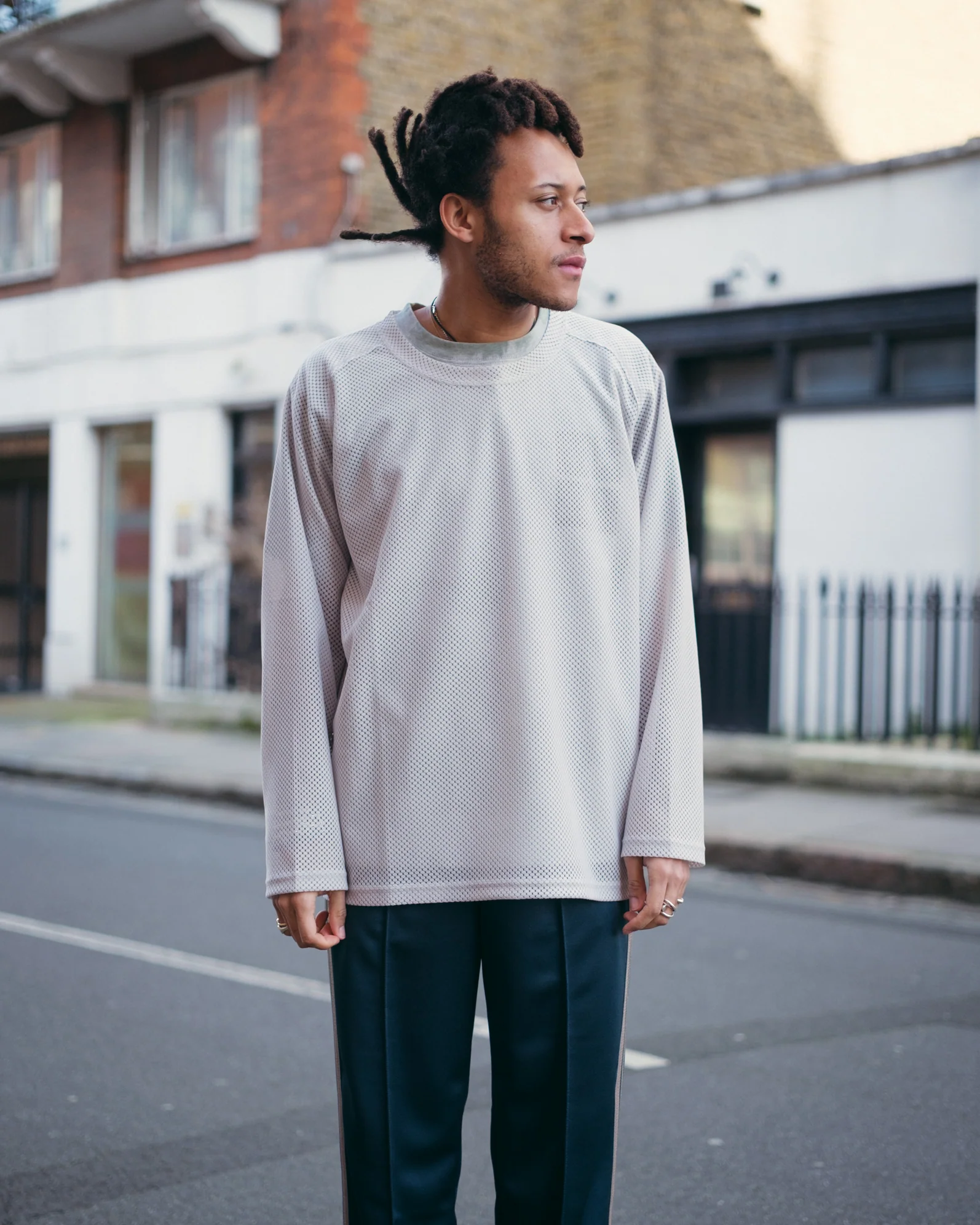 U-Neck Long Sleeve T-Shirt – Grey Geometric Raschel Lace - Image 2
